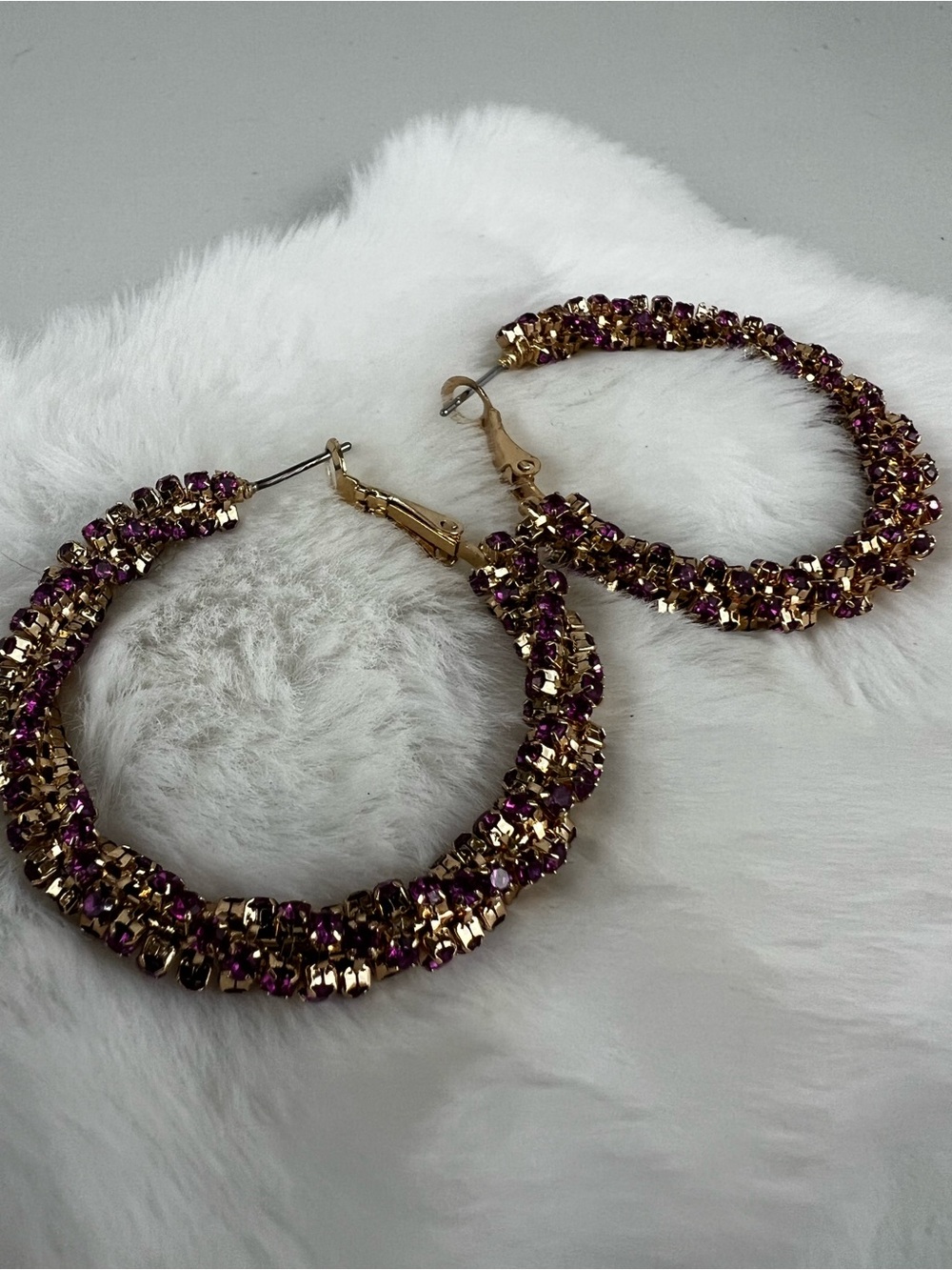 Chunky Purple & Gold Rhinestone Hoop Earrings 2”